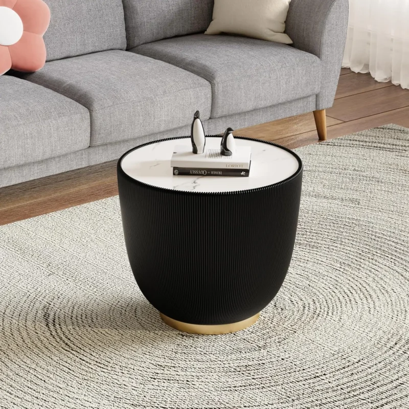 Round White Wood Mid-Century Modern Coffee Table with Textured Detail - Image 9