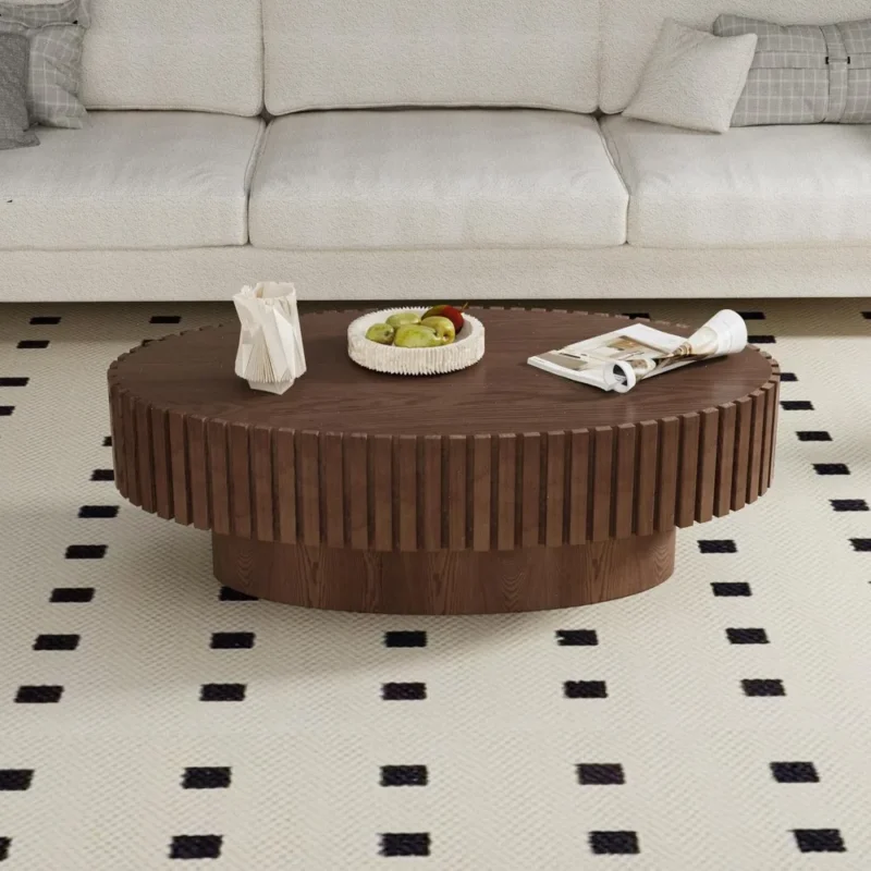 Oval Fluted Engineered Wood Mid-Century Modern Coffee Table with Pedestal Base - Image 3
