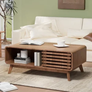 Rectangular Wooden Mid-Century Modern Coffee Table with Storage and Sliding Door