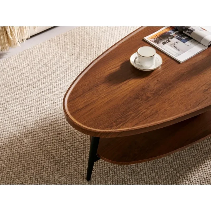 Oval Walnut Engineered Wood Mid-Century Modern Coffee Table with Double Layer Storage - Image 4