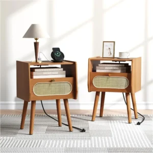 Modern Mid-Century Nightstand Set with Charging Station & Rattan Drawer