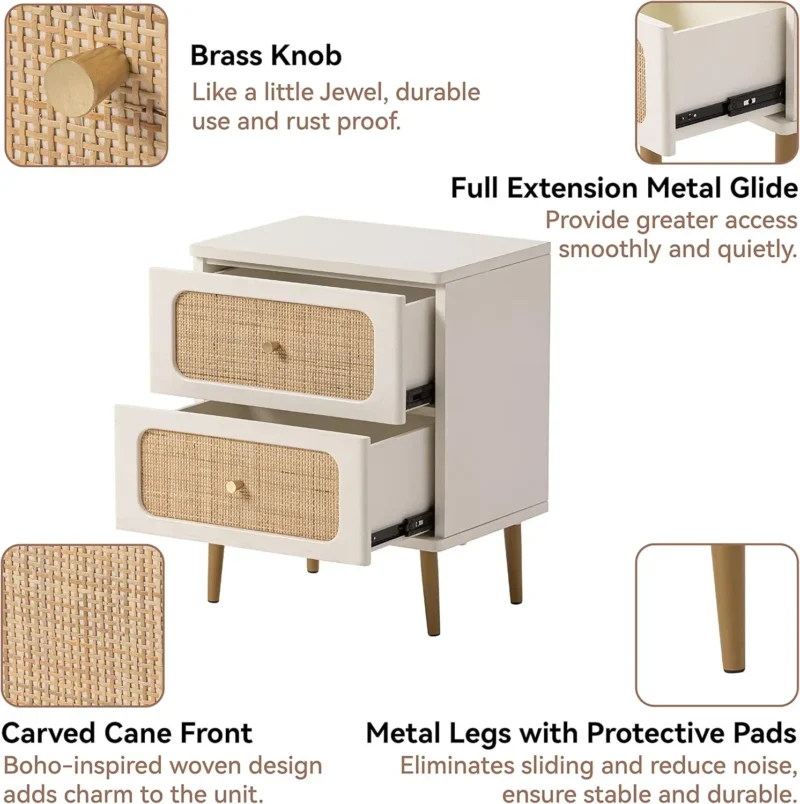 White Rattan Wicker 2-Drawer Nightstand Set Modern Farmhouse Bedside Tables - Image 6