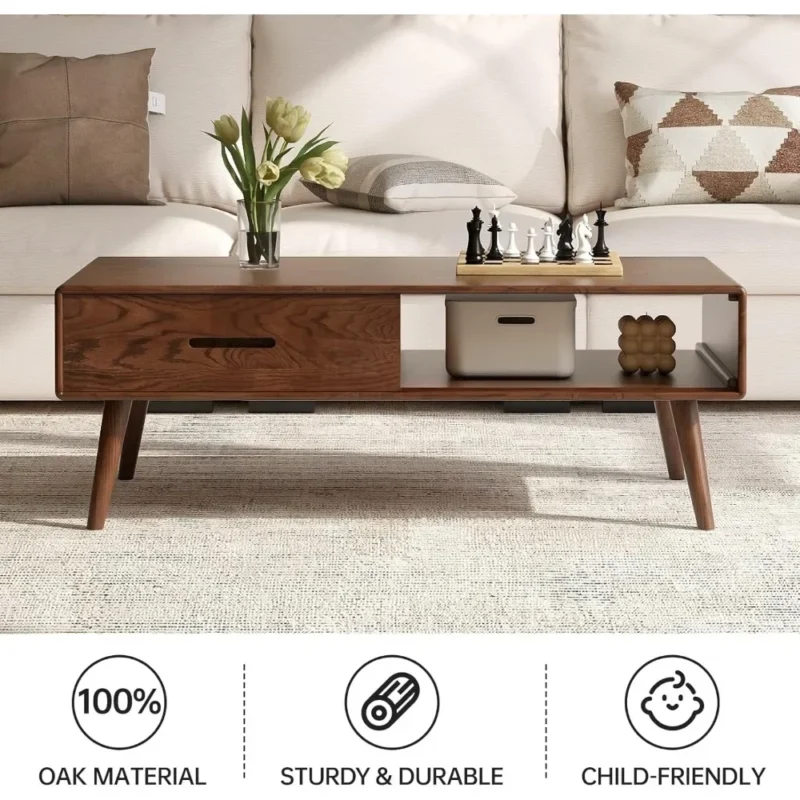 Rectangular Oak Wood Mid-Century Modern Coffee Table with Two Storage Drawers - Image 3