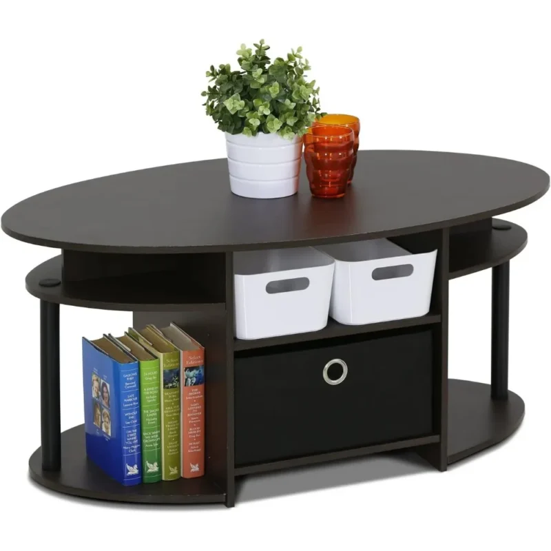 Oval Walnut Mid-Century Modern Coffee Table with Storage Bin - Image 4