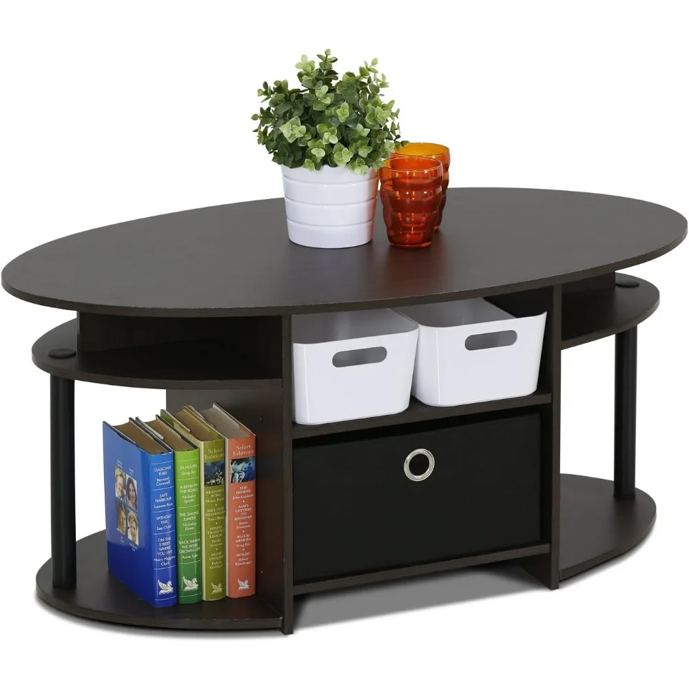 Oval walnut coffee table with storage styled with plants and decorative elements