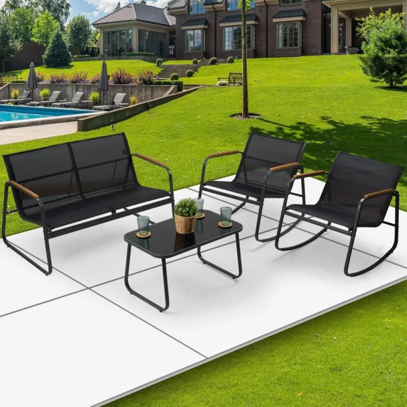 4-Piece Outdoor Conversation Set with Cushioned Chairs and Tempered Glass Coffee Table - Image 2