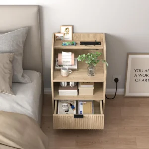 Fluted Wood Nightstand with Charging Station and Storage Drawer