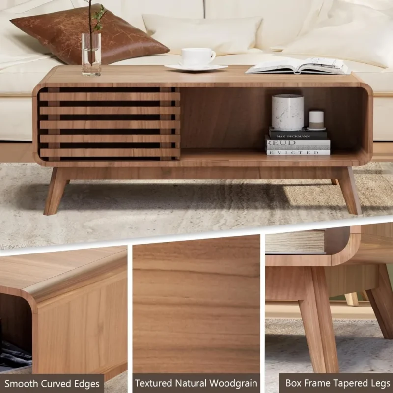 Rectangular Wooden Mid-Century Modern Coffee Table with Storage and Sliding Door - Image 5