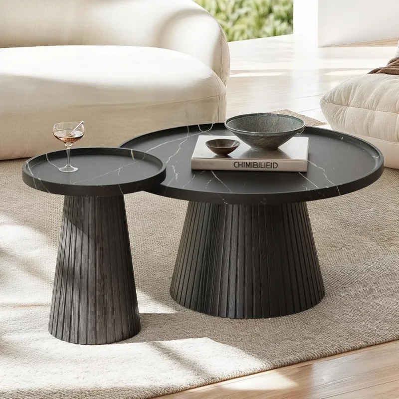 Round Nesting Marble Veneer Mid-Century Modern Coffee Tables Set of 2 - Image 6