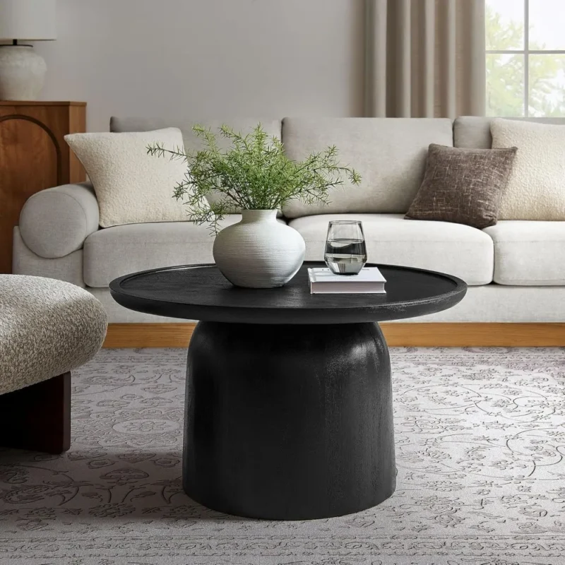 Round Mango Wood Mid-Century Modern Coffee Table with Black Finish - Image 2