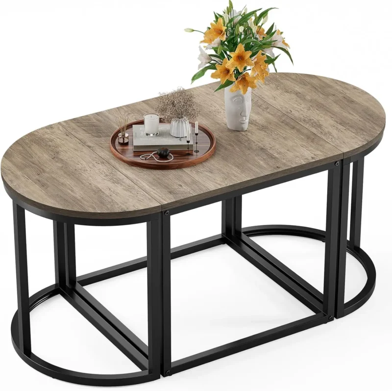 Oval Wooden Mid-Century Modern Coffee Table Set with Metal Frame and 2 Side Tables - Image 8