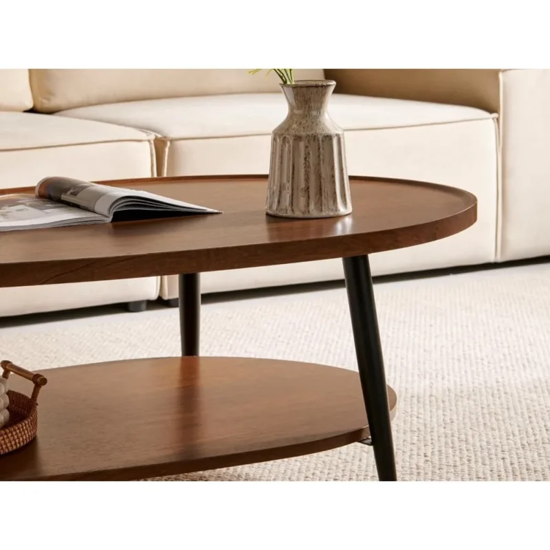 Oval Walnut Engineered Wood Mid-Century Modern Coffee Table with Double Layer Storage - Image 3