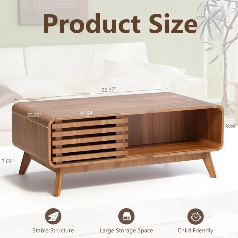 Rectangular Wooden Mid-Century Modern Coffee Table with Storage and Sliding Door - Image 2
