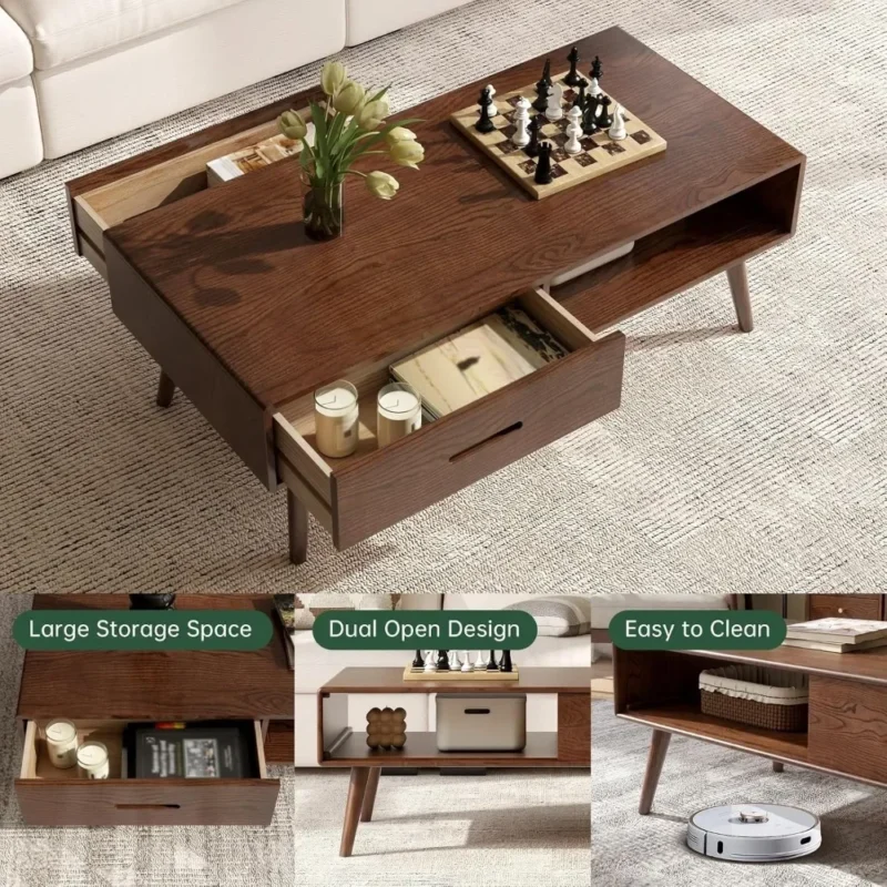 Rectangular Oak Wood Mid-Century Modern Coffee Table with Two Storage Drawers - Image 2