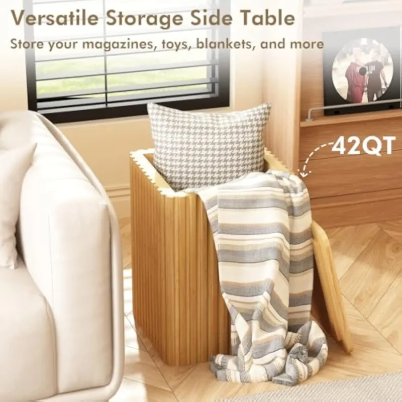 Square Wooden Fluted Side Table Set with Storage Modern Farmhouse End Tables - Image 4