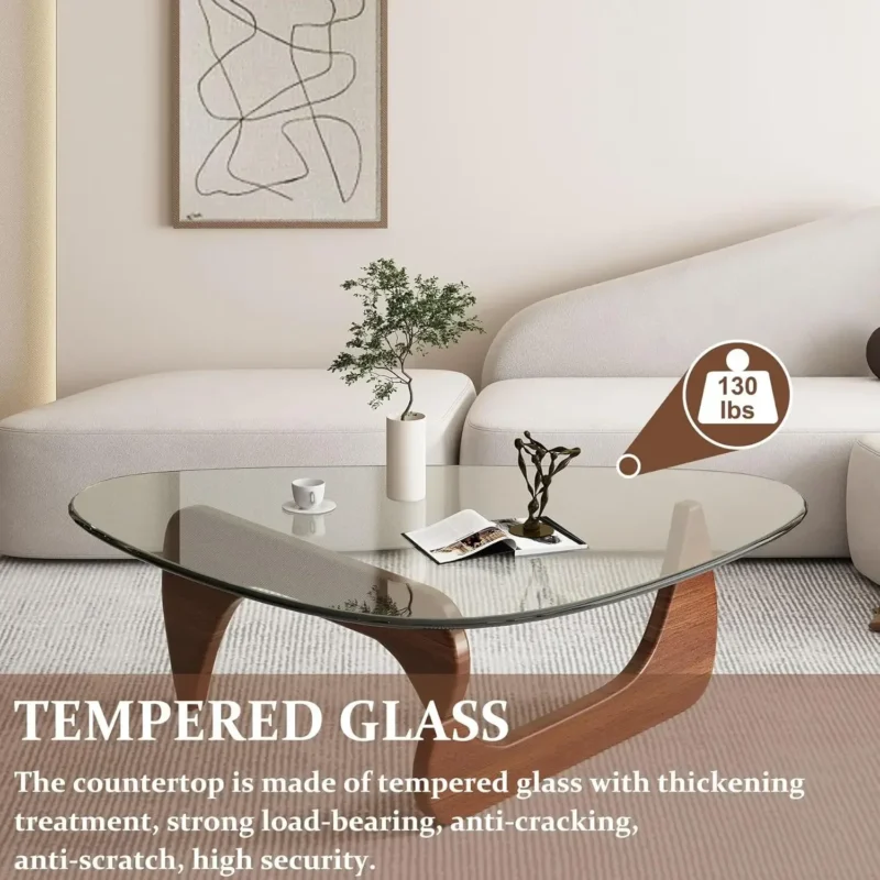 Triangular Glass Mid-Century Modern Coffee Table with Wooden Base - Image 3