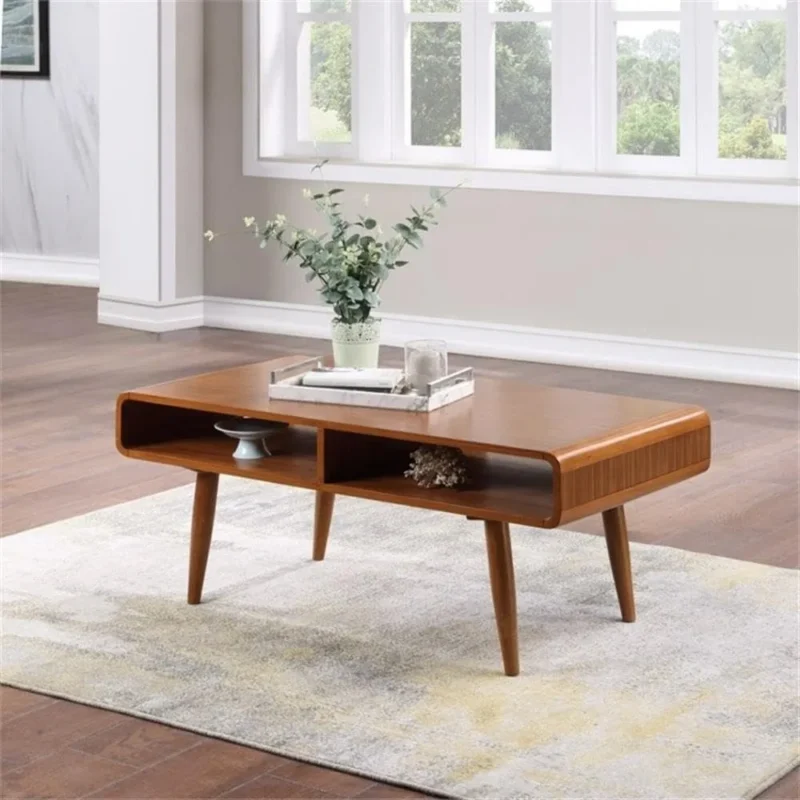 Rectangular Walnut Wood Mid-Century Modern Coffee Table with Storage Shelf - Image 2