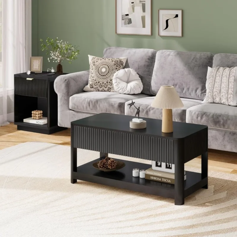 Oval Engineered Wood Lift Top Mid-Century Modern Coffee Table with Storage - Image 6