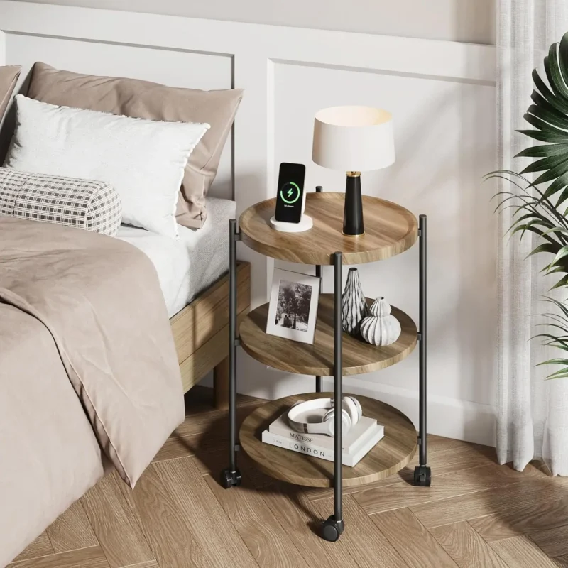 Round 3-Tier Mid-Century Modern Side Table with Wheels for Small Spaces - Image 6