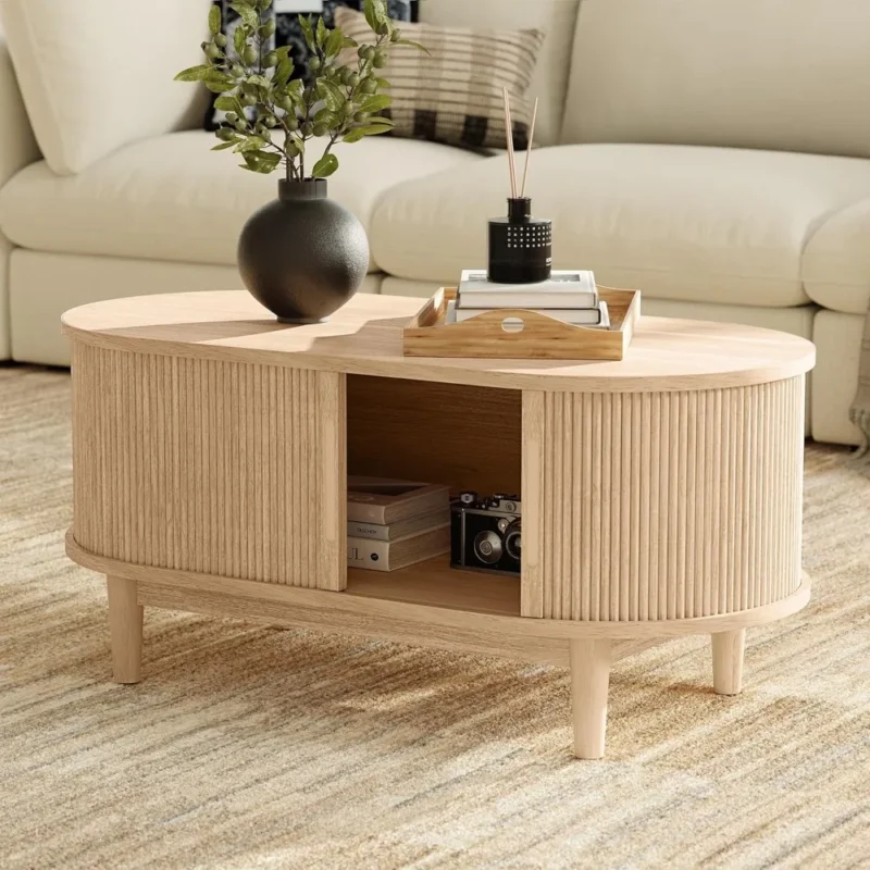 Oval Engineered Wood Mid-Century Modern Coffee Table with Storage Tambour Door - Image 2
