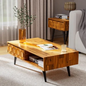 Rectangular Solid Wood Mid-Century Modern Coffee Table with Storage Shelf