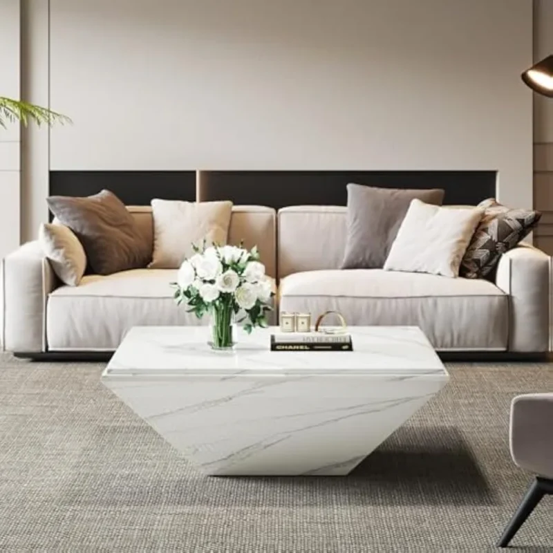 Square Faux Marble Mid-Century Modern Coffee Table with Wooden Base - Image 4