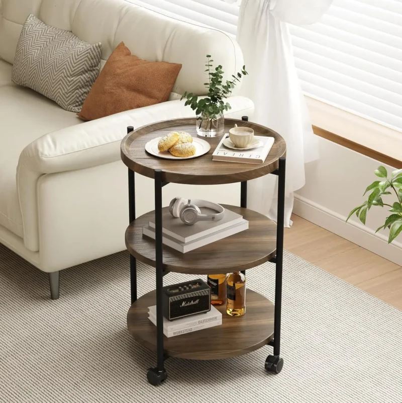 Round 3-Tier Mid-Century Modern Side Table with Wheels for Small Spaces - Image 2