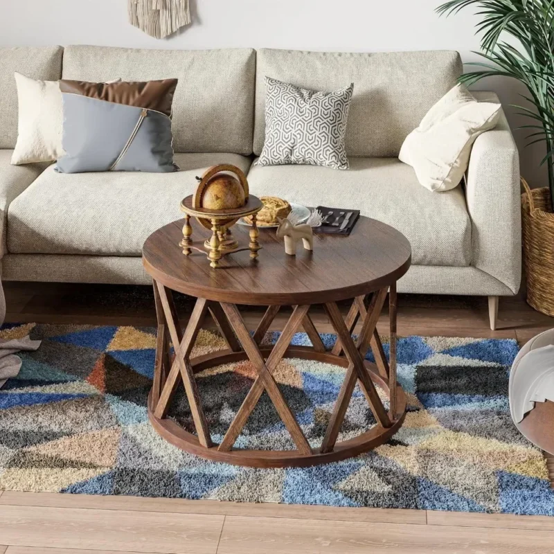 Round Engineered Wood Coffee Table with X-Motif Legs for Rustic Modern Decor - Image 4