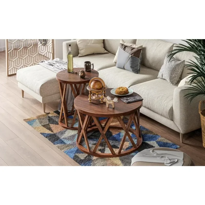 Round Engineered Wood Coffee Table with X-Motif Legs for Rustic Modern Decor - Image 6