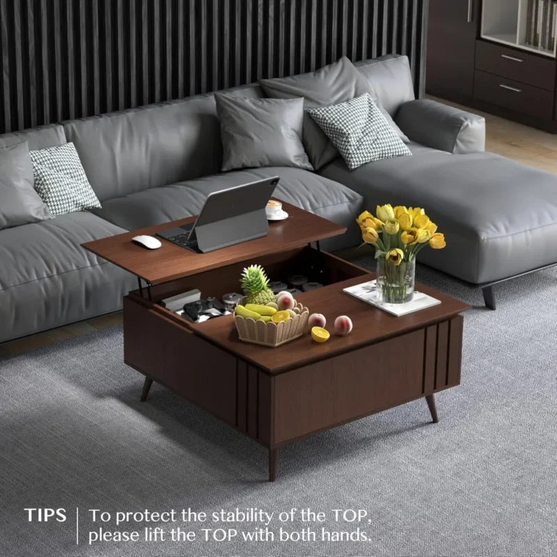 Square Wood Lift-Top Mid-Century Modern Coffee Table with Storage Compartment - Image 6