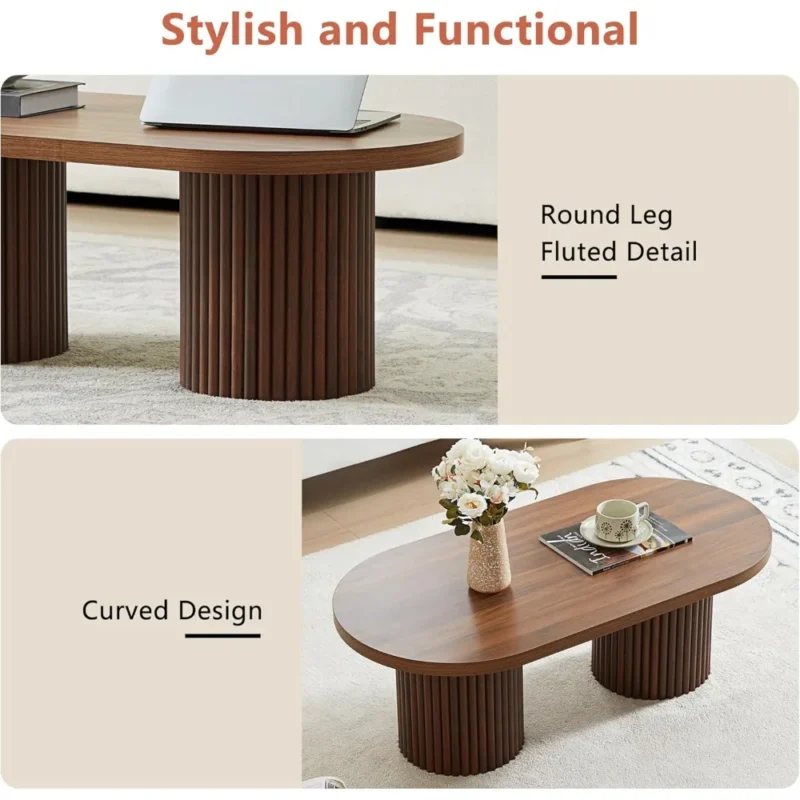 Oval Engineered Wood Mid-Century Modern Coffee Table with Fluted Legs - Image 5