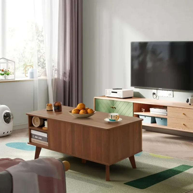Rectangular Fluted Wood Lift Top Coffee Table with Hidden Storage Compartment - Image 6