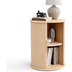 Round Engineered Wood Mid-Century Modern Side Table with Tambour Door Storage
