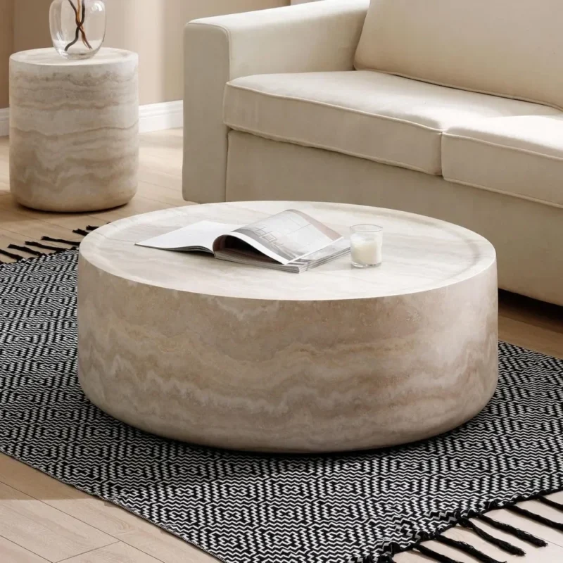 Round Faux Travertine Mid-Century Modern Coffee Table with Fiberglass Base