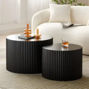 Round Nesting Black Wood Mid-Century Modern Coffee Tables Set of 2