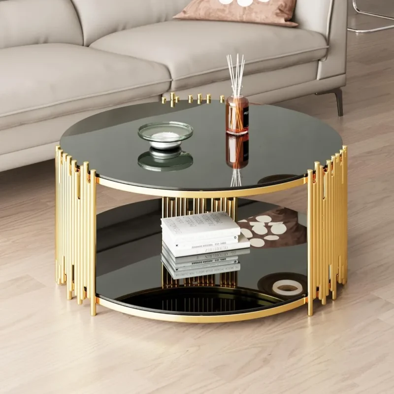 Round Black Glass Mid-Century Modern Coffee Table with Gold Metal Base - Image 6