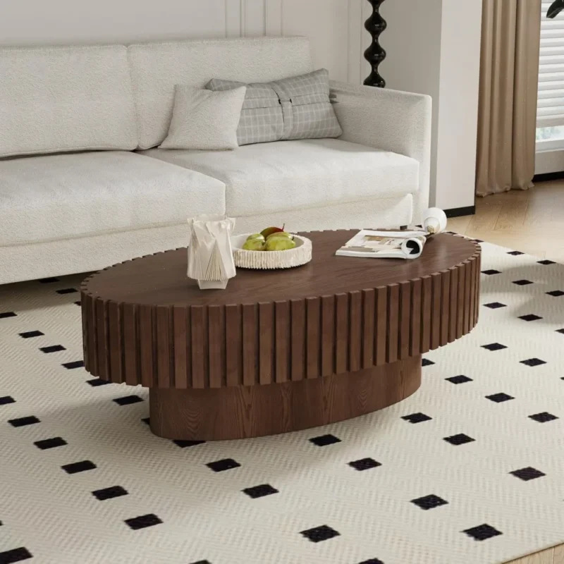 Oval Fluted Engineered Wood Mid-Century Modern Coffee Table with Pedestal Base - Image 6
