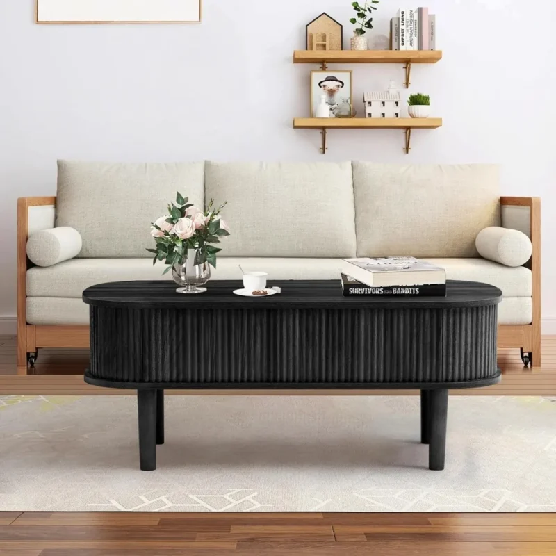 Oval Solid Wood Lift Top Mid-Century Modern Coffee Table with Hidden Storage - Image 6