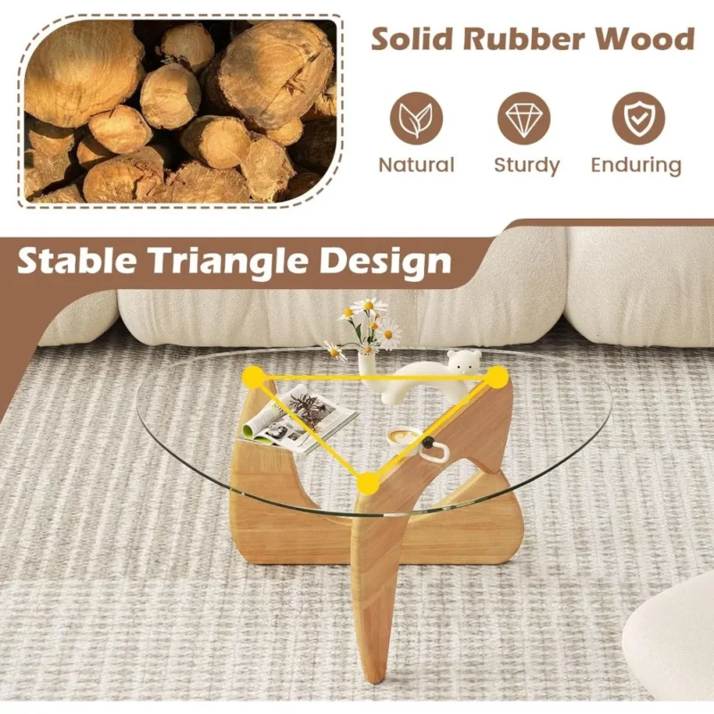 Oval Tempered Glass Mid-Century Modern Coffee Table with Rubber Wood Base - Image 6
