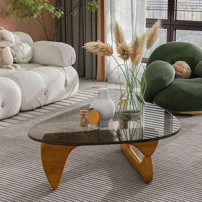 Triangular Glass Mid-Century Modern Coffee Table with Wooden Base - Image 6