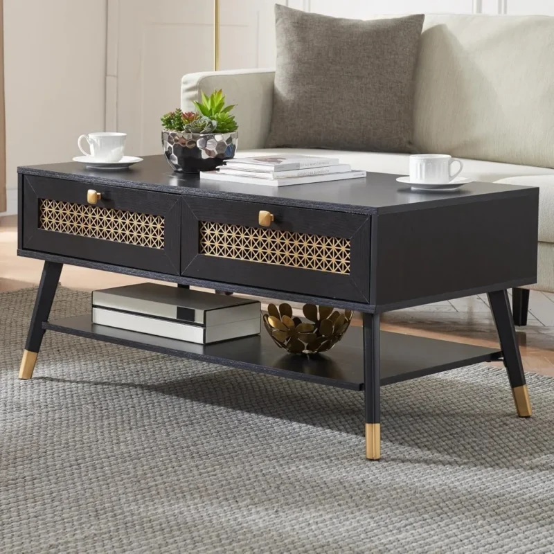Rectangular Black Wood Mid-Century Modern Coffee Table with Storage Drawers - Image 5