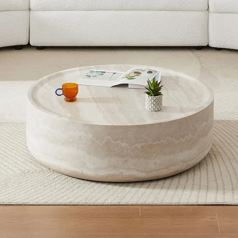 Round Travertine Textured Mid-Century Modern Coffee Table with Fiberglass Center - Image 6