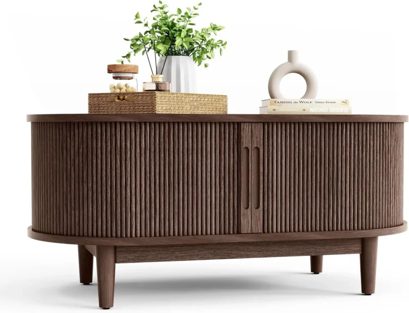 Oval Engineered Wood Mid-Century Modern Coffee Table with Storage Tambour Door - Image 7