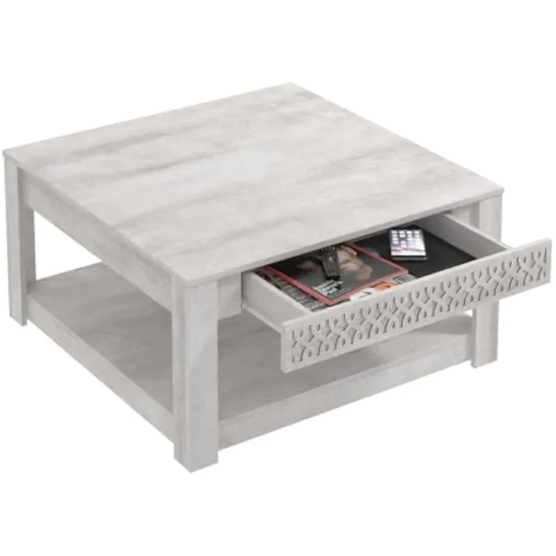 Square Walnut Wood Mid-Century Modern Coffee Table with Storage Drawer - Image 3