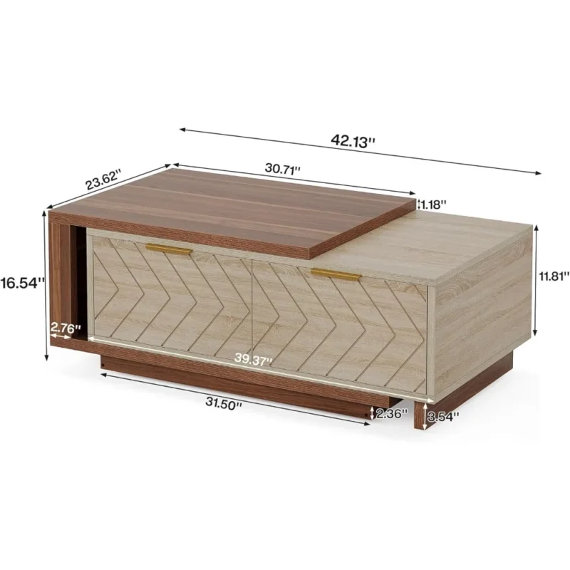 Rectangular Walnut Oak Wood Extendable Coffee Table with Storage Drawers - Image 2