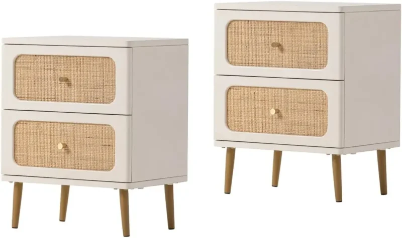 White Rattan Wicker 2-Drawer Nightstand Set Modern Farmhouse Bedside Tables - Image 3