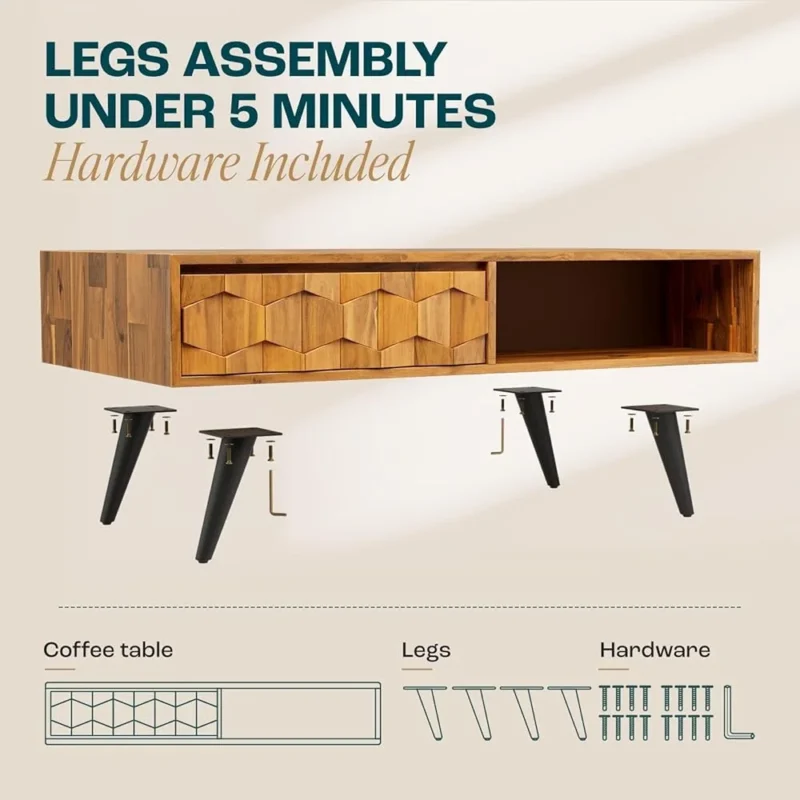 Rectangular Teak Wood Mid-Century Modern Coffee Table with Storage Drawers - Image 6