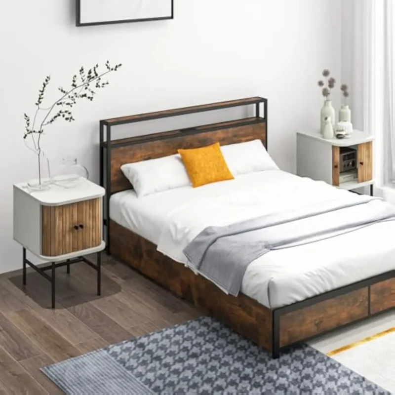 Modern Wood Nightstand Set of 2 Mid-Century Bedside Tables with Sliding Doors - Image 2