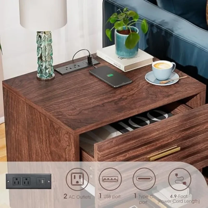Modern Wooden Nightstands with Charging Station and Drawers Set of 2 - Image 4