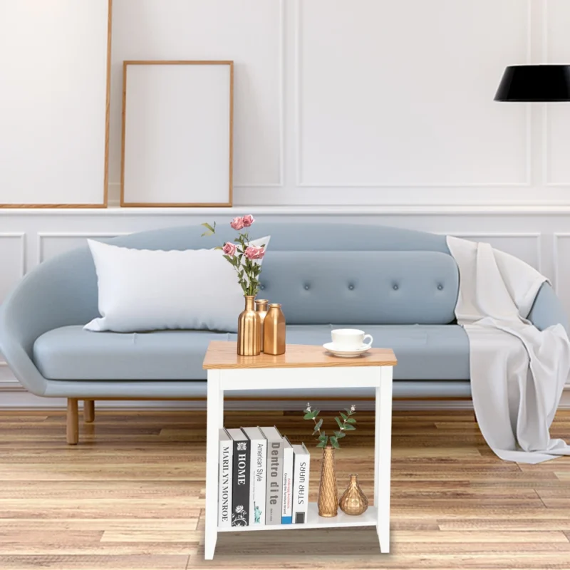 Rectangular White Two-Tier Mid-Century Modern Side Table with Natural Wood Legs - Image 2
